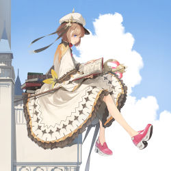 Rule 34 | 1girl, blue eyes, blush, book, book stack, bow, brown hair, cloud, cloudy sky, dress, hat, highres, holding, holding book, medium hair, open book, original, outdoors, parted lips, pink footwear, red bow, red neckwear, silhouette, sitting, sky, solo, somehira katsu, staff, teeth, upper teeth only, white dress, white hat