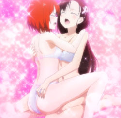 Rule 34 | 2girls, anetani anne, ass, barefoot, blush, breasts, brown hair, collarbone, closed eyes, from behind, hair ornament, hairpin, highres, hino hitomi, hug, long hair, medium breasts, multiple girls, murenase! shiiton gakuen, navel, open mouth, pink background, red hair, screencap, short hair, sitting, small breasts, sparkle, stitched, tears, third-party edit, underwear, yuri