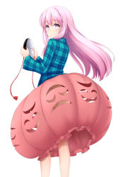 Rule 34 | 1girl, ass, blush, bubble skirt, expressionless, hata no kokoro, highres, katou kaiou, long hair, long sleeves, looking at viewer, mask, no panties, noh mask, pink eyes, pink hair, plaid, plaid shirt, shirt, simple background, skirt, solo, touhou, white background