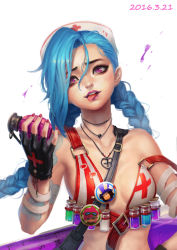 Rule 34 | 1girl, absurdres, blue hair, braid, breasts, cleavage, explosive, hat, highres, jewelry, jinx (league of legends), league of legends, lipstick, long hair, luode huayuan, makeup, necklace, nurse, nurse cap, pink eyes, solo, tattoo, twin braids