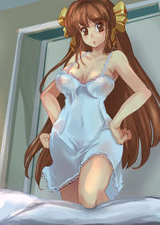 Rule 34 | 1girl, :o, bare shoulders, bed, bow, brown eyes, brown hair, curvy, hair bow, hair ribbon, hand on own hip, hands on own hips, hip focus, lace, lingerie, long hair, original, ribbon, solo, suoni (deeperocean), underwear, wide hips