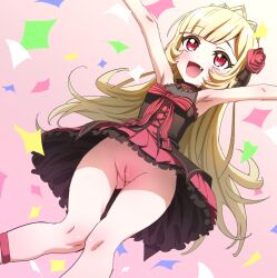 Rule 34 | 1girl, bare shoulders, blonde hair, blush, breasts, cleft of venus, dress, ecute, fang, flower, from below, hair flower, hair ornament, jashin-chan dropkick, long hair, no panties, open mouth, pussy, red dress, red eyes, rose, small breasts, smile, solo