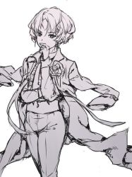 Rule 34 | 1girl, andressina, coat, coat on shoulders, crossdressing, destiny child, dress pants, hand on mouth, iphis (destiny child), long sleeves, looking at viewer, monochrome, necktie, short hair, tagme