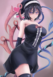 Rule 34 | 1girl, adapted costume, alternate eye color, asymmetrical wings, black dress, black hair, black hat, black thighhighs, blue wings, blush, bow, bowtie, breasts, buttons, center frills, cleavage, closed mouth, commentary request, cowboy shot, dress, elbow gloves, frills, gloves, hair between eyes, hat, heart, highres, houjuu nue, large breasts, looking at viewer, medium hair, niradama (nira2ratama), purple eyes, red bow, red bowtie, red wings, santa hat, short dress, solo, strapless, strapless dress, thighhighs, touhou, wings