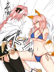 Rule 34 | 1boy, 1girl, animal ears, armpits, astolfo (fate), ball busting, bare shoulders, bdsm, bikini, black bow, blue bikini, bow, braid, breasts, cbt, coat, commentary request, constricted pupils, crotch kick, emphasis lines, fate/grand order, fate (series), femdom, fox ears, fox tail, garter straps, hair bow, large breasts, looking at another, medium hair, midriff, multicolored hair, pink hair, ponytail, simple background, single braid, smile, streaked hair, swimsuit, tail, tamamo (fate), tamamo no mae (fate/extra), tamamo no mae (swimsuit lancer) (third ascension) (fate), thighhighs, thighs, trap, watarase piro, white background, white coat, white hair, yellow eyes, zettai ryouiki