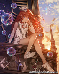 Rule 34 | 1girl, bad id, bad pixiv id, bare legs, bare shoulders, blue eyes, building, crossed legs, curly hair, detached sleeves, doll, dragon&#039;s shadow, dress, feathers, floating hair, full body, hat, hat feather, head rest, light rays, long hair, official art, outdoors, red hair, shoe soles, sitting, sleeveless, sleeveless dress, solo, sparkle, su, sunlight, very long hair, watermark, white dress, white hat, wind, yna