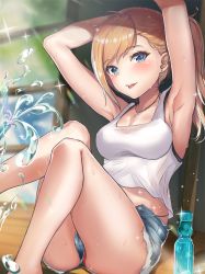Rule 34 | 1girl, :d, armpits, arms up, ass, bad id, bad pixiv id, bare arms, bare legs, bare shoulders, black bra, blonde hair, blue eyes, blurry, bottle, bra, breasts, cleavage, collarbone, commentary request, crop top, cutoffs, denim, denim shorts, depth of field, ear piercing, earrings, glint, highleg, jewelry, knees up, konata (knt banri), long hair, looking at viewer, medium breasts, midriff, necklace, open mouth, original, panties, panty peek, piercing, ponytail, ramune, red panties, shirt, short shorts, shorts, sitting, sleeveless, sleeveless shirt, smile, solo, sweat, tank top, thighs, underwear, upshorts, water, water bottle, white shirt