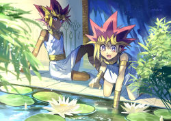 Rule 34 | 2boys, :d, all fours, arm support, armlet, atem, bracelet, bright pupils, closed mouth, commentary request, dark-skinned male, dark skin, day, dyed bangs, fushitasu, hair between eyes, jewelry, lily pad, lower teeth only, male focus, multiple boys, muto yugi, open mouth, outdoors, purple hair, sitting, smile, spiked hair, teeth, tongue, water, white pupils, yu-gi-oh!, yu-gi-oh! duel monsters