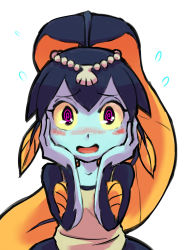 Rule 34 | 1girl, @ @, apron, black hair, blue skin, blush, chichibu (watson), colored sclera, colored skin, fins, fish girl, hair between eyes, hair ornament, hands on own face, head fins, highres, minette (skullgirls), monster girl, pink eyes, shell, simple background, skullgirls, solo, yellow sclera