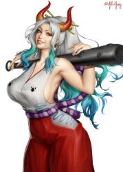 Rule 34 | 1girl, absurdres, armpits, aylisnyan, bare arms, bare shoulders, blue hair, breasts, club, club (weapon), collarbone, cowboy shot, curled horns, earrings, eyelashes, green hair, grey hair, grin, hair ornament, hair stick, hakama, hakama pants, hands up, high ponytail, highres, holding, holding weapon, horns, huge breasts, japanese clothes, jewelry, kanabou, kimono, lips, long hair, looking at viewer, multicolored hair, multicolored horns, one piece, oni, orange eyes, over shoulder, pants, red hakama, red horns, rope, shimenawa, sideboob, simple background, sleeveless, sleeveless kimono, smile, solo, stomach, twitter username, very long hair, weapon, weapon over shoulder, white background, yamato (one piece), yellow horns