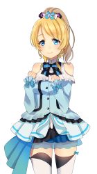 Rule 34 | 10s, 1girl, ayase eli, blonde hair, blue bow, blue eyes, bow, earrings, hair ornament, high ponytail, highres, idol, jewelry, kira-kira sensation!, long hair, looking at viewer, love live!, love live! school idol project, miu91 (miu91 ), see-through, simple background, smile, solo, thighhighs, white background, zettai ryouiki