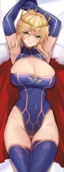 Rule 34 | 1girl, absurdres, armpits, arms up, artoria pendragon (fate), artoria pendragon (lancer) (fate), blue gloves, blue leotard, blue thighhighs, blush, breasts, cleavage, cleavage cutout, cloak, clothing cutout, covered navel, cowboy shot, crown, fate/grand order, fate (series), fur-trimmed cloak, fur trim, gloves, gluteal fold, green eyes, groin, heattech leotard, highres, large breasts, leotard, lying, on back, red cloak, rikiddo (tise 00), skin tight, solo, thigh gap, thighhighs, turtleneck, two-tone leotard