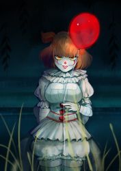 Rule 34 | 1girl, absurdres, balloon, benzbt, bishoujo terror, breasts, brown hair, cleavage, colored skin, dress, highres, holding, holding balloon, it (stephen king), large breasts, lipstick, looking at viewer, makeup, night, outdoors, pennywise, puffy short sleeves, puffy sleeves, short sleeves, smile, solo, thighhighs, two side up, white dress, white skin, yellow eyes