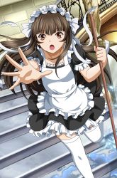 Rule 34 | 00s, 1girl, black shirt, blouse, blunt bangs, blush, breasts, brown eyes, brown hair, falling, female focus, highres, ikkitousen, long hair, looking at viewer, maid, maid headdress, open mouth, reaching, reaching towards viewer, shiny skin, shirt, small breasts, solo, sweat, ten&#039;i (ikkitousen), thighhighs, very long hair, water, white thighhighs