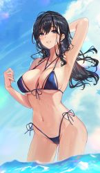 Rule 34 | 1girl, alracoco, arm behind head, arm up, armpits, bikini, black hair, blue bikini, blue nails, blue sky, breasts, cleavage, cloud, collarbone, commentary, cowboy shot, day, ear piercing, earrings, front-tie bikini top, front-tie top, gluteal fold, halterneck, highleg, highleg bikini, highres, jewelry, large breasts, long hair, looking at viewer, mole, mole on thigh, nail polish, navel, original, outdoors, parted lips, partially submerged, piercing, side-tie bikini bottom, sky, smile, solo, standing, stomach, string bikini, swimsuit, symbol-only commentary, thighs, underboob, wading, water, wet