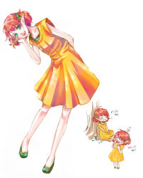 Rule 34 | 1girl, against tree, chibi, dress, eating, elf, food, full body, green eyes, green footwear, hair ornament, half-closed eyes, heart, high heels, leaning forward, looking at viewer, open mouth, original, pointy ears, pumps, red hair, shoes, simple background, sitting, standing, tree, white background, yellow dress, yuzuru kashiwagi