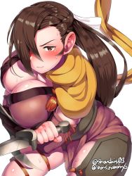 Rule 34 | 1girl, blush, boris (noborhys), breasts, brown eyes, brown hair, cleavage, female focus, fire emblem, fire emblem fates, hair over one eye, highres, huge breasts, kagero (fire emblem), long hair, matching hair/eyes, nintendo, solo, sweat, weapon