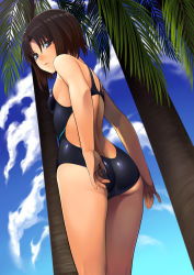 Rule 34 | 1girl, adjusting clothes, adjusting swimsuit, ass, bad id, bad pixiv id, bare shoulders, blue eyes, breasts, brown hair, cloud, competition swimsuit, covered erect nipples, day, from behind, from below, frown, glaring, kara no kyoukai, lips, looking back, one-piece swimsuit, palm tree, ryougi shiki, short hair, skin tight, sky, small breasts, solo, swimsuit, thighs, tree, yuzuriha (active homing)