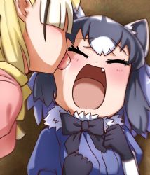 Rule 34 | 10s, 2girls, animal ears, blush, common raccoon (kemono friends), closed eyes, fennec (kemono friends), fox ears, kemono friends, kobamiso (kobalt), licking, licking another&#039;s face, multiple girls, open mouth, photo-referenced, raccoon ears, saliva, tongue, tongue out, yuri