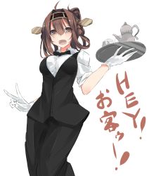 Rule 34 | 10s, 1girl, ahoge, alternate costume, black bow, black bowtie, black vest, bow, bowtie, breasts, brown eyes, brown hair, commentary request, cup, double bun, gloves, hair between eyes, hair bun, hairband, headgear, highres, kantai collection, kongou (kancolle), medium breasts, nao (qqqbb), open mouth, simple background, solo, standing, teapot, translated, v, vest, white background, white gloves