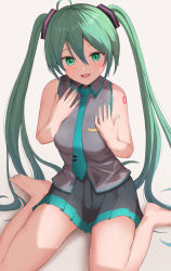 Rule 34 | 1girl, ahoge, aqua necktie, black skirt, breasts, commission, feet, green eyes, green hair, green nails, hatsune miku, highres, long hair, looking at viewer, medium breasts, nail polish, necktie, open mouth, simple background, sitting, skeb commission, skirt, tattoo, tie clip, twintails, very long hair, vocaloid, yousui