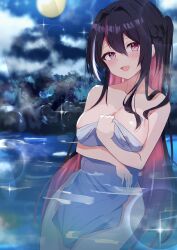 Rule 34 | 1girl, absurdres, azki (hololive), black hair, blush, braid, breasts, cleavage, cloud, colored inner hair, french braid, highres, hololive, large breasts, liyaku, looking at viewer, moon, multicolored hair, naked towel, night, night sky, onsen, open mouth, pink eyes, pink hair, sky, smile, sparkle, streaked hair, towel, virtual youtuber, water, white hair, yellow eyes