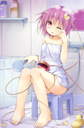 Rule 34 | 1girl, bare arms, bare legs, barefoot, bath, bathroom, bathtub, breasts, bubble, eyes visible through hair, full body, hassai, highres, komeiji satori, looking at viewer, mirror, naked towel, one eye closed, open mouth, pink eyes, pink hair, rubber duck, sitting, small breasts, soap, soap bubbles, solo, thighs, tile floor, tile wall, tiles, touhou, towel, wet