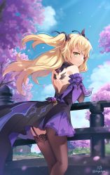 Rule 34 | 1girl, backless dress, backless outfit, bare shoulders, black dress, blonde hair, blue sky, blush, branch, brown thighhighs, closed mouth, cloud, commentary request, day, dress, eyepatch, fischl (genshin impact), floating hair, garter straps, genshin impact, green eyes, highres, leaning forward, long hair, looking at viewer, looking back, nyanya, outdoors, railing, single leg pantyhose, single thighhigh, sky, smile, solo, thighhighs, twitter username, two side up, very long hair