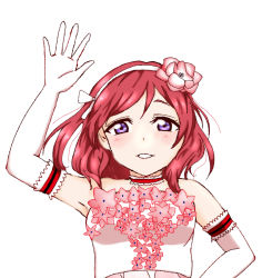 Rule 34 | 1girl, artist name, artist request, blush, dress, elbow gloves, female focus, flower, flower dress, gloves, hair between eyes, hair flower, hair ornament, hairband, hand wave, looking at viewer, love live!, love live! school idol project, nishikino maki, parted lips, pink flower, purple eyes, red detached collar, red hair, short hair, smile, solo, teeth, upper body, white background, white detached collar, white dress, white gloves, white hairband