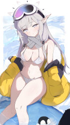 Rule 34 | 1girl, absurdres, animal, archi (aruki), bikini, bird, blue archive, blush, breasts, cleavage, closed mouth, feet out of frame, fur-trimmed jacket, fur trim, goggles, goggles on head, grey hair, grey halo, halo, highres, himari (blue archive), jacket, long hair, looking at viewer, medium breasts, mole, mole under eye, navel, penguin, pointy ears, purple eyes, scarf, sitting, smile, solo, swimsuit, water, white bikini, white scarf, yellow jacket