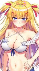 Rule 34 | 1girl, azur lane, bad id, bad pixiv id, bare shoulders, bikini, blonde hair, blue eyes, blush, breasts, cleavage, closed mouth, collarbone, commentary request, frilled bikini, frills, hair between eyes, hair ornament, hair ribbon, hairclip, hand on own hip, highleg, highleg bikini, honami (yths4221), long hair, looking at viewer, medium breasts, navel, red ribbon, ribbon, simple background, solo, sussex (azur lane), swimsuit, two side up, upper body, very long hair, white background, white bikini