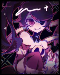Rule 34 | 1girl, black background, brain 1231, detached collar, eye socket, highres, looking at viewer, purple hair, skullgirls, smile, solo, squigly (skullgirls), stitched mouth, stitches, striped sleeves, upper body, zombie