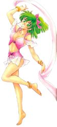 Rule 34 | 1990s (style), 1girl, anklet, barefoot, bow, bracelet, breasts, cleavage, dancer, dancing, earrings, feet, female focus, fire emblem, fire emblem: genealogy of the holy war, green eyes, green hair, hair bow, highres, jewelry, lene (fire emblem), long legs, looking at viewer, matching hair/eyes, nintendo, official art, open mouth, retro artstyle, scan, smile, toe ring, toes, traditional media, veil