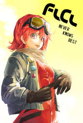 Rule 34 | 00s, 1girl, bad id, bad pixiv id, buttons, english text, flcl, gloves, goggles, haruhara haruko, highres, jacket, kirii, pink eyes, pink hair, removing glove, scarf, short hair, solo