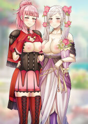 Rule 34 | 2girls, absurdres, blurry, blurry background, blush, bow, breasts, breasts out, collarbone, dress, fire emblem, fire emblem: three houses, fire emblem awakening, fire emblem heroes, fire emblem warriors: three hopes, flower, gloves, hair flower, hair ornament, heart, heart hands, highres, hilda valentine goneril, large breasts, long dress, long hair, multiple girls, naughty face, nintendo, nipples, official alternate costume, official alternate hairstyle, pink eyes, pink hair, ponytail, red gloves, red thighhighs, ribbon, robin (female) (fire emblem), robin (fire emblem), saikunartworks, smile, strapless, strapless dress, thighhighs, twintails, white dress, zettai ryouiki