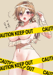 Rule 34 | 1girl, :o, ^^^, bandages, blush, breasts, brown background, brown hair, caution tape, censored, collarbone, commentary request, groin, hair between eyes, hand up, highres, keep out, long hair, looking at viewer, low twintails, medium breasts, mummy costume, naked bandage, navel, open mouth, original, purple eyes, simple background, solo, tears, tomozero, translation request, twintails