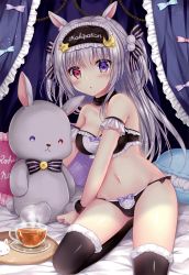 Rule 34 | 1girl, :o, absurdres, animal ears, armband, bed sheet, black bra, black panties, black thighhighs, blue eyes, blush, bow, bow bra, bow panties, bra, breasts, cameltoe, cleavage, crescent, crescent hair ornament, cup, curtains, frilled armband, frilled bra, frilled panties, frilled pillow, frills, fur-trimmed legwear, fur collar, fur trim, hair ornament, hair ribbon, heart, heart-shaped pillow, heterochromia, highres, indoors, kohinata hoshimi, leaning to the side, light particles, long hair, looking at viewer, medium breasts, navel, on bed, original, panties, parted lips, pillow, purple ribbon, rabbit ears, red eyes, ribbon, saucer, silver hair, sitting, solo, star (symbol), star hair ornament, strapless, strapless bra, string panties, striped ribbon, stuffed animal, stuffed rabbit, stuffed toy, teacup, thighhighs, transparent, tray, two side up, underwear, wristband, yokozuwari