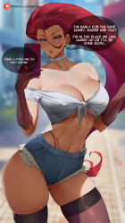 Rule 34 | 1girl, araneesama, blue eyes, breasts, cellphone, choker, cleavage, commentary, contrapposto, creatures (company), cutoffs, denim, denim shorts, earrings, elbow gloves, english commentary, game freak, gloves, highres, holding, holding phone, jessie (pokemon), jewelry, large breasts, long hair, navel, nintendo, panty straps, parted lips, pearl earrings, phone, pokemon, pokemon (anime), red eyes, short shorts, shorts, smartphone, solo, speech bubble, stomach, thighs, very long hair, white choker