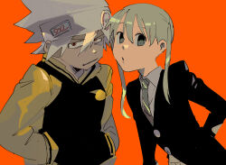 1boy 1girl absurdres black_jacket blonde_hair buttons collared_shirt green_eyes green_necktie hand_on_own_hip hands_in_pockets headband hidari_no highres jacket leaning_forward letterman_jacket long_sleeves looking_at_viewer maka_albarn necktie open_mouth orange_background parted_lips red_eyes scowl sharp_teeth shirt short_hair soul_eater soul_evans spiked_hair striped_necktie teeth twintails upper_body white_hair white_headband white_shirt yellow_sleeves