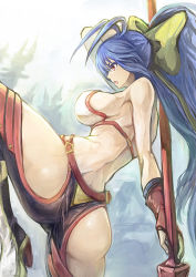 Rule 34 | &gt;:o, 1girl, :o, antenna hair, armpits, ass, back, backless outfit, bare arms, bare shoulders, holding behind back, big hair, black pants, blazblue, blazblue: central fiction, blazblue variable heart, blue hair, boots, bow, breasts, fighting stance, fingerless gloves, from side, genderswap, genderswap (mtf), gloves, hair between eyes, hair bow, halterneck, high heel boots, high heels, holding, holding weapon, large breasts, leg up, long hair, lowleg, lowleg pants, mai natsume, midriff, no bra, no panties, open mouth, outseal, pants, polearm, ponytail, profile, purple eyes, red gloves, revealing clothes, ribbon, shouma (bravespiritya), sideboob, sidelocks, solo, spear, standing, thighs, v-shaped eyebrows, very long hair, weapon, yellow bow