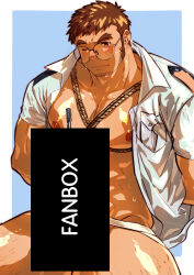 Rule 34 | 1boy, abs, absurdres, arms behind back, bara, bare pectorals, bdsm, between pectorals, blush, bondage, bound, brown hair, censored, collared shirt, facial hair, forked eyebrows, glasses, hair over one eye, highres, jockstrap, large pectorals, leg hair, long sideburns, male focus, male underwear, mane (omedemidori), mature male, muscular, muscular male, nipples, no pants, open clothes, open shirt, original, paid reward available, pectorals, pen, police, police uniform, rope, round eyewear, shirt, short hair, sideburns, solo, stubble, sweat, thick eyebrows, thick thighs, thighs, underbust, underwear, uniform, urethral insertion