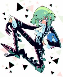 Rule 34 | 1boy, absurdres, ascot, belt, black gloves, black jacket, collar, commentary request, frilled collar, frilled sleeves, frills, gloves, green hair, half gloves, highres, jacket, kanekoshake, lio fotia, looking at viewer, male focus, multicolored eyes, promare, sidelocks, simple background, solo, stuffed animal, stuffed toy, triangle, wide sleeves