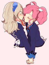 Rule 34 | 2girls, aikatsu!, aikatsu! (series), amahane madoka, blonde hair, blue jacket, blush, closed eyes, closed mouth, commentary request, cropped torso, embarrassed, facing another, from side, holding hands, imminent kiss, jacket, kumo suzume, kurosawa rin (aikatsu!), long hair, long sleeves, looking at another, multiple girls, neck ribbon, parted lips, pink hair, red ribbon, ribbon, school uniform, shirt, simple background, starlight academy school uniform, sweatdrop, twintails, white ribbon, white shirt, wing hair ornament, yuri