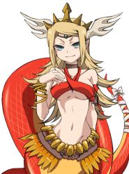 Rule 34 | 1girl, bad id, bad pixiv id, blonde hair, bracelet, breasts, circlet, echidna (p&amp;d), halterneck, head wings, jewelry, lamia, long hair, lots of jewelry, monster girl, navel, pointy ears, puzzle &amp; dragons, smile, solo, tiara, togeitai, wings