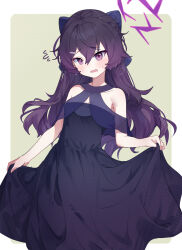Rule 34 | 1girl, black dress, blue archive, blue bow, blush, bow, breasts, collarbone, dress, earrings, flying sweatdrops, hair between eyes, hair bow, halo, haruka (blue archive), haruka (dress) (blue archive), highres, jewelry, long hair, official alternate costume, open mouth, purple eyes, purple hair, purple halo, small breasts, solo, teallysky