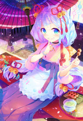 Rule 34 | 1girl, absurdres, bell, blue hair, blue nails, bracelet, breasts, choker, cleavage, dennryuurai, eating, green eyes, highres, jewelry, long hair, looking at viewer, moe2016, nail polish, oil-paper umbrella, on bench, original, sitting, smile, solo, umbrella