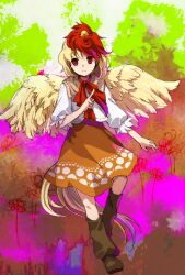 Rule 34 | 1girl, absurdres, animal, animal on head, bird, bird girl, bird on head, bird tail, bird wings, blonde hair, boots, brown footwear, chick, closed mouth, commentary request, feathered wings, flat chest, full body, hand up, highres, kaigen 1025, looking at viewer, medium hair, multicolored hair, neck ribbon, niwatari kutaka, on head, orange skirt, pink eyes, red hair, red ribbon, ribbon, shirt, skirt, sleeves past elbows, smile, solo, tail, touhou, two-tone hair, white shirt, wings, yellow wings