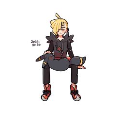 Rule 34 | 1boy, ahoge, arm support, black pants, black shirt, blonde hair, blush, closed eyes, closed mouth, commentary request, creatures (company), daifuku (pokefuka art), dated, ear piercing, facing viewer, fanny pack, game freak, gen 2 pokemon, gladion (pokemon), grey vest, hair over one eye, hood, hooded vest, hoodie, invisible chair, male focus, nintendo, on lap, pants, piercing, pokemon, pokemon (creature), pokemon on lap, pokemon sm, red bag, red footwear, shirt, shoes, sitting, tassel, torn clothes, torn pants, torn shirt, umbreon, vest