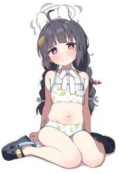 Rule 34 | 1girl, ahoge, bikini, black hair, blue archive, blunt bangs, blush, crocs, grey halo, halo, highres, leaf, leaf on head, long hair, looking at viewer, low-tied long hair, low twintails, maud0239, miyu (blue archive), miyu (swimsuit) (blue archive), navel, neck ribbon, official alternate costume, pink eyes, print bikini, ribbon, simple background, sitting, solo, spaghetti strap, sweatdrop, swimsuit, twintails, wariza, white background