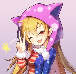 Rule 34 | 1girl, ;d, adapted costume, american flag dress, animal hat, blonde hair, blue dress, blush, breasts, cat hat, clownpiece, commentary request, dress, fang, fur trim, hair between eyes, hand up, hat, head tilt, long hair, long sleeves, neck ruff, one eye closed, open mouth, pointy ears, polka dot headwear, pom pom (clothes), purple background, purple hat, red dress, red eyes, simple background, small breasts, smile, solo, star (symbol), star print, striped clothes, striped dress, touhou, v, white dress, z.o.b